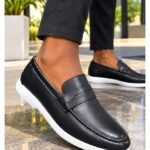 Mocassin Homme Élégance Prestige – Noir Cognac & Semelle Blanche – Style Chic et Moderne