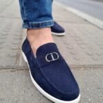 Mocassin Homme Élégance Prestige à Boucle Métallique – Bleu & Semelle Blanche
