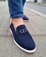Mocassin Homme Élégance Prestige à Boucle Métallique – Bleu & Semelle Blanche